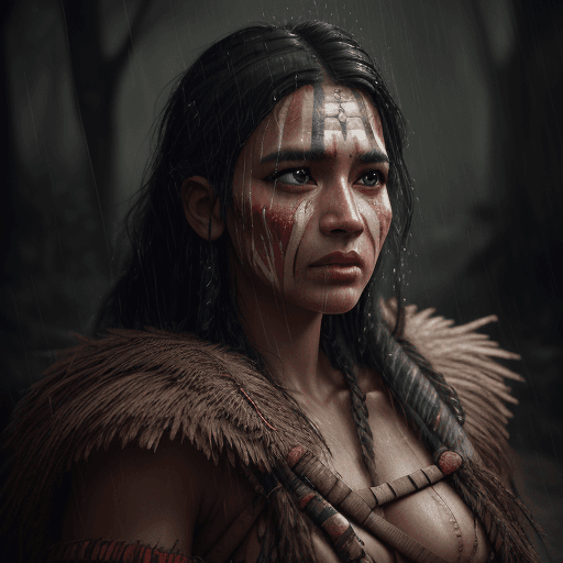 AI generated: Photo of a Amazon warrior, hyper detail, intimate facial expression, handcrafted cloth worn outfit, ...
