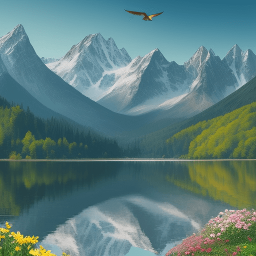 AI generated: Beautiful landscape with mountains , one lake , with trees , flowers , birds show the beauty of the ...