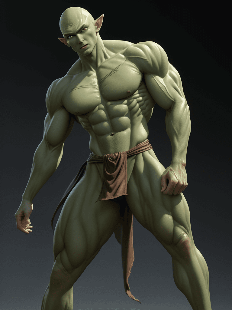 AI generated: Piccolo, green complexion, big muscles and big thighs, bald, pointy elf ears, in his thirties, He we...
