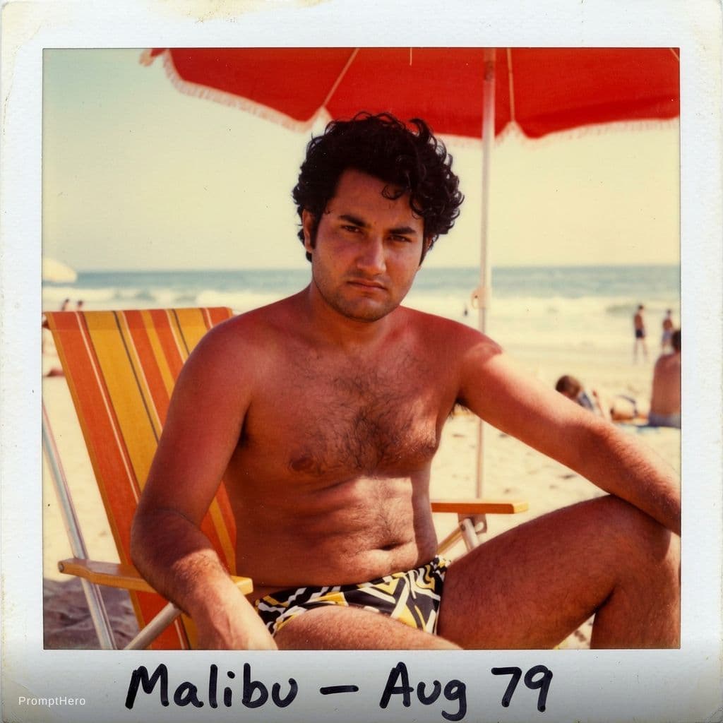 AI generated: Photographie instantanée de style Polaroid couleur datée de l’été 1979, prise sur une plage américai...