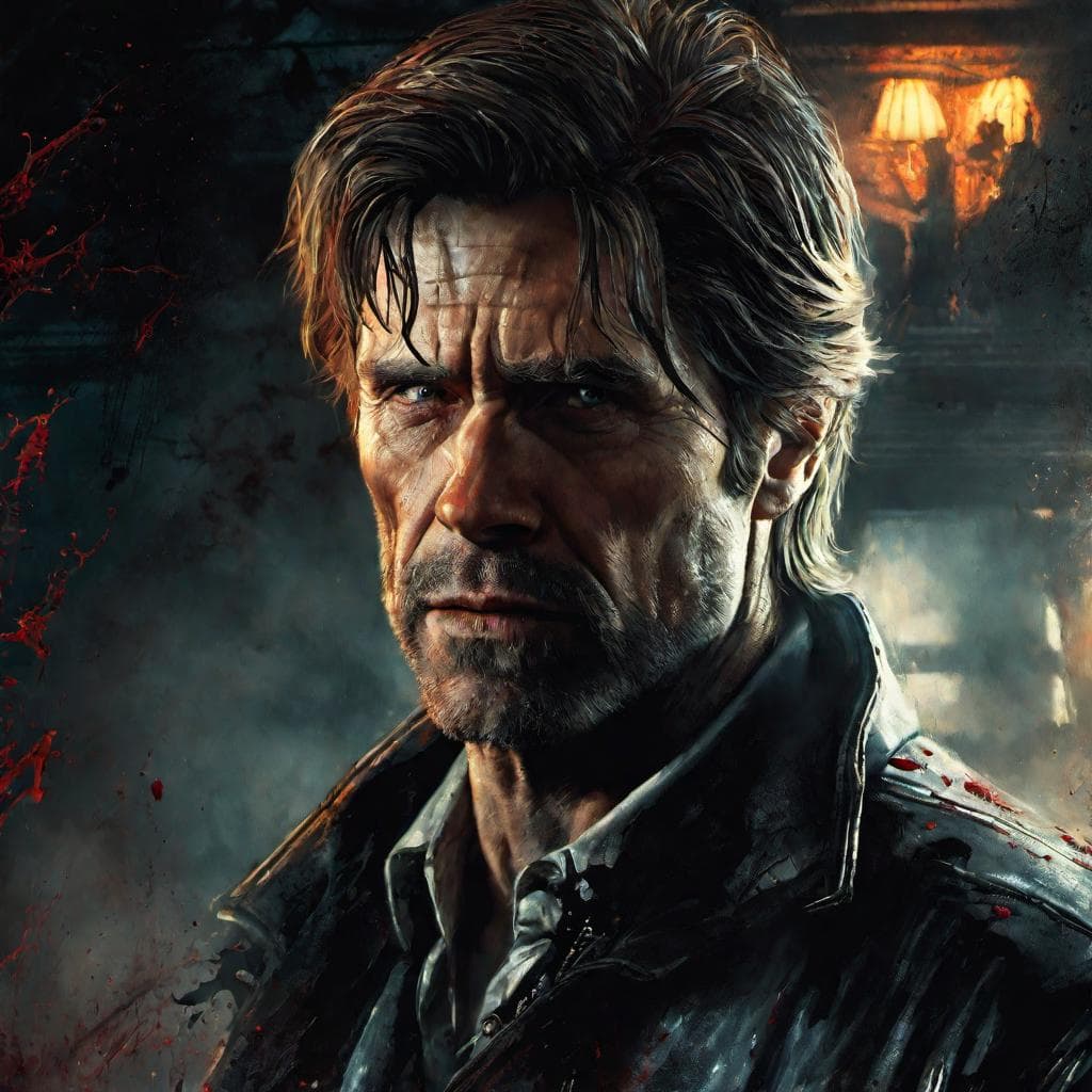 AI generated: An Artistic digital painting portrait of rugged Alan Wake as a doppelganger , short messy hair, cree...