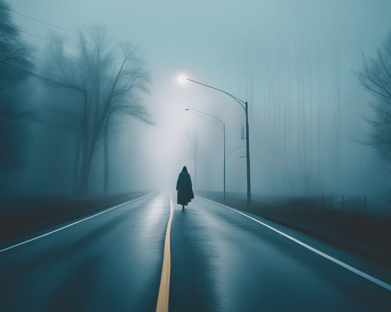 AI generated: a gost in an  infinite sinuous road, , cinematic lighting, very high detailed, foggy background, sho...