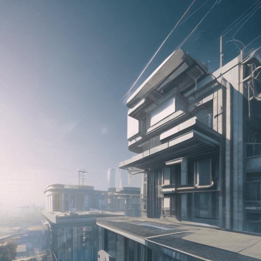 AI generated: Hyper realistic eye level photo of a cyberpunk century modern style house overlooking the horizon, i...