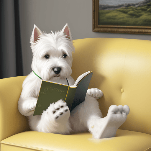 AI generated: West Highland White Terrier sitting on the yellow sofa, leg, reading a book, photo,  --ar 16:9 --sty...