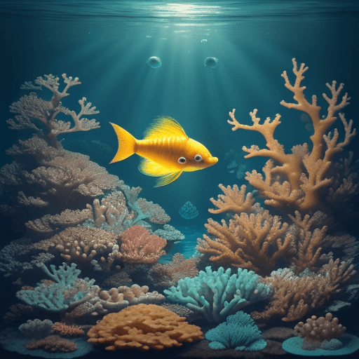 AI generated: photo of an extremely cute alien gold colored fish swimming an alien habitable underwater planet, co...