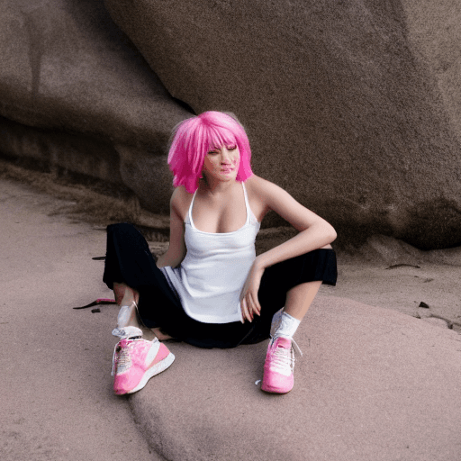 AI generated: A young woman with light pink hair, with a bralette white top and black short round skirt, wearing s...