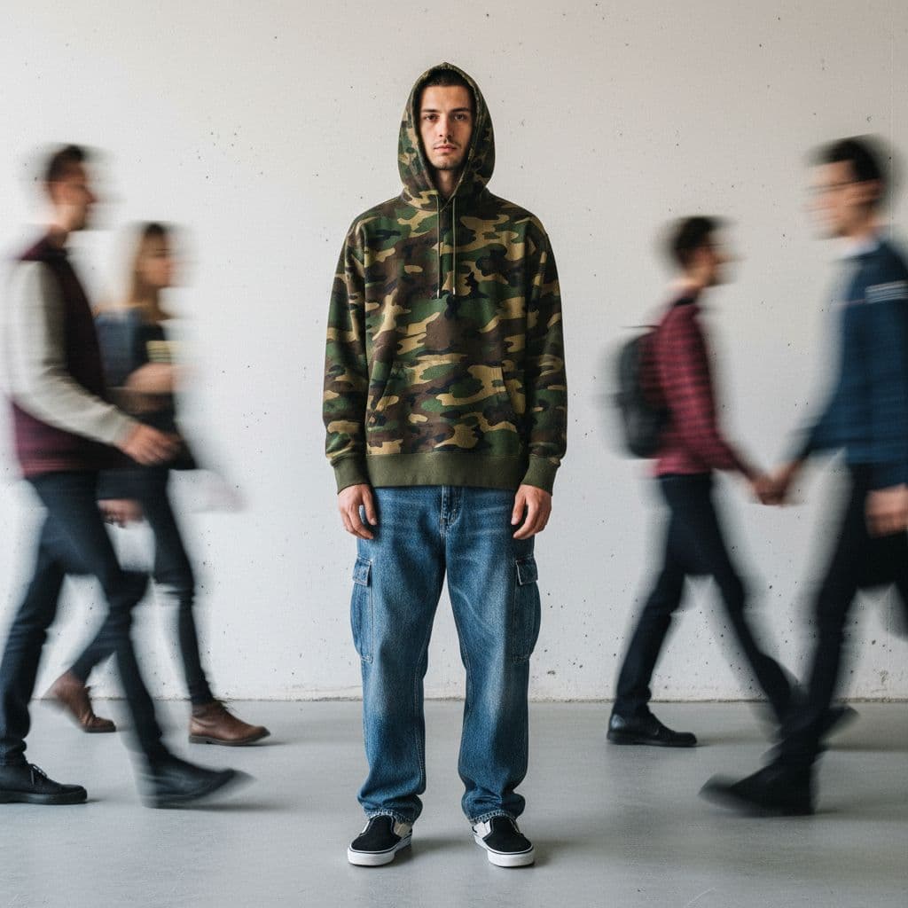 AI generated: photography, snap shot, male model, front pose, full-body, surrounded by a blurred motion, wearing c...
