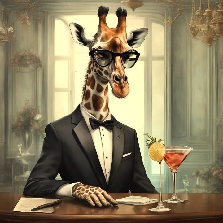 AI generated:  a sophisticated giraffe dons a tailored tuxedo and enjoys a martini in a stylish and whimsical sett...