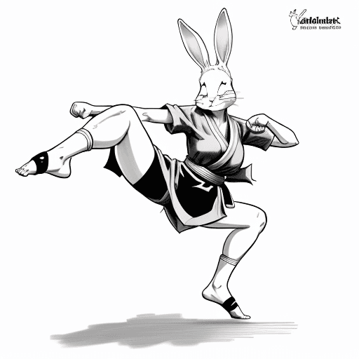 AI generated: sketch, no color, cartoon, line art, 2D, rabbit woman, rabbit legs, monk, martial arts kick