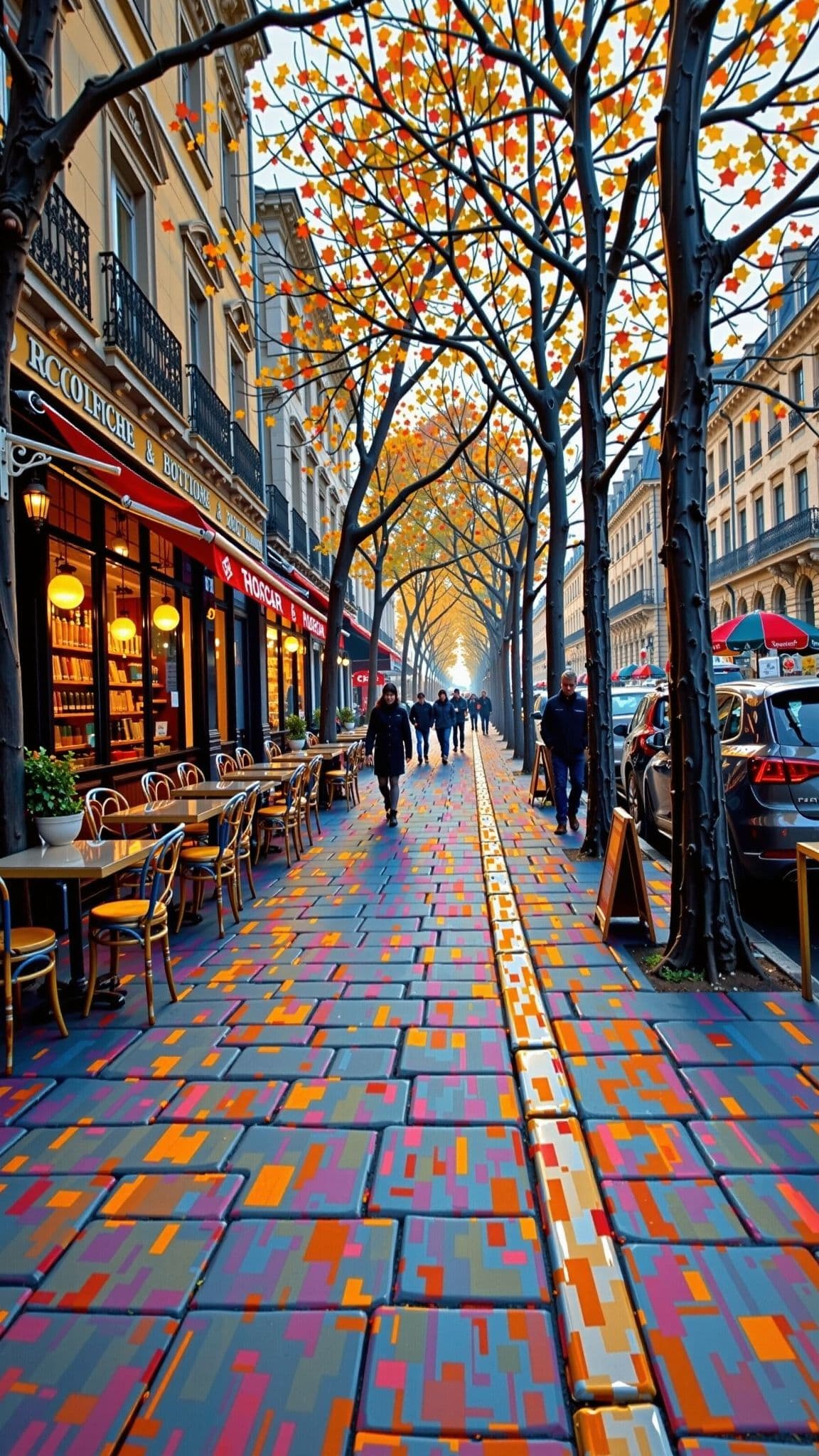 AI generated: A Paris street scene in 1890 flickering across a long glitchy sidewalk, café tables warping, impress...