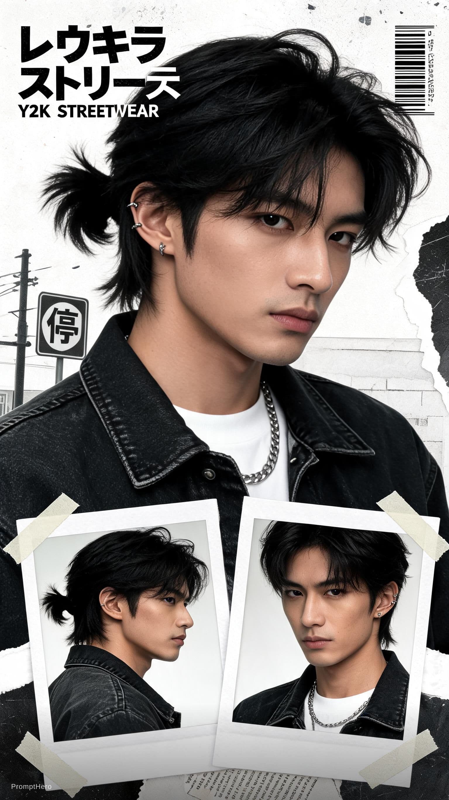 AI generated: Buat poster kolase editorial streetwear Jepang bergaya Y2K yang bold dengan estetika majalah fashion...