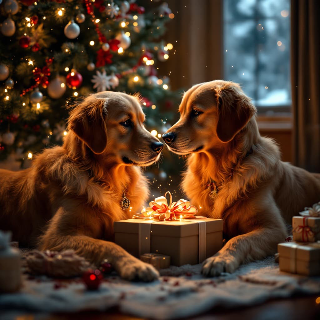 AI generated: Photo of a ultra realistic Golden Retriever friends, christmas gift under a christmas tree, dramatic...