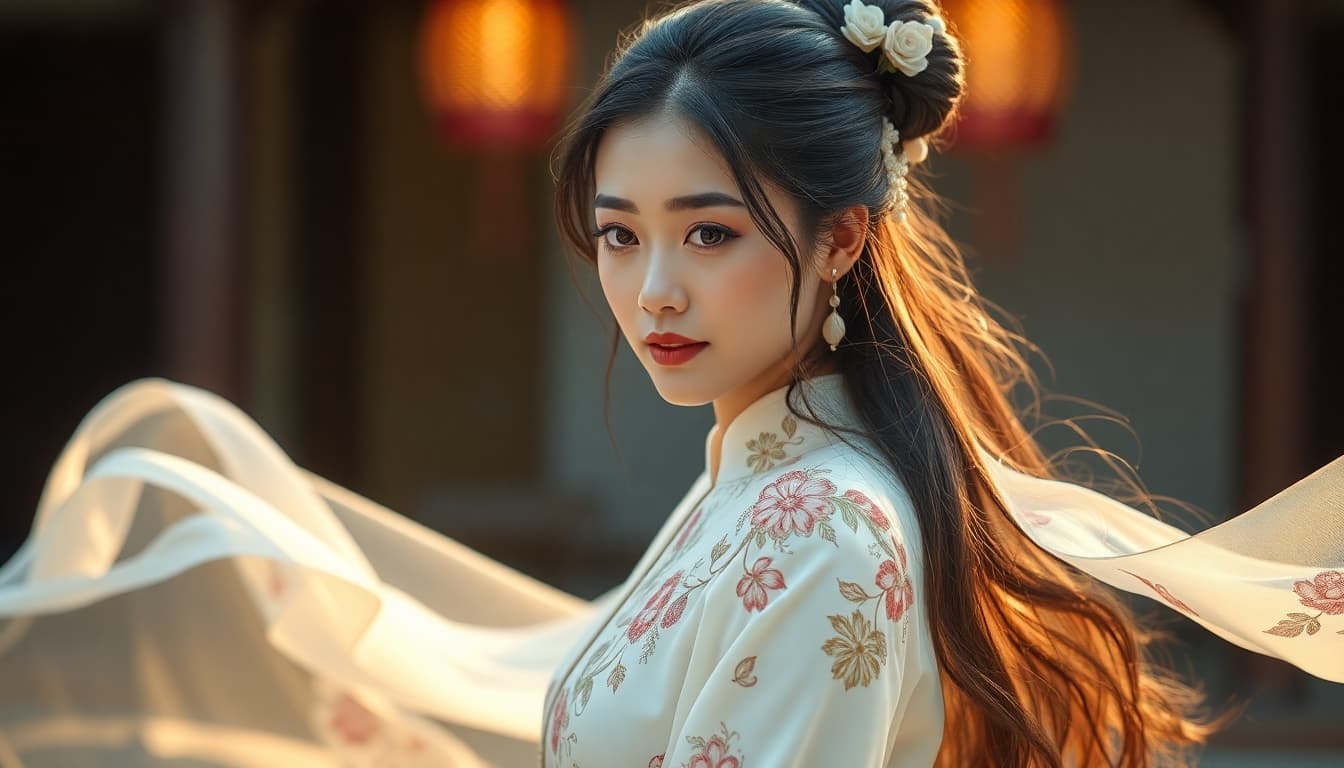 AI generated: Ethereal, stunning, photorealistic, intricate details, a beautiful candid East asian woman in a flow...
