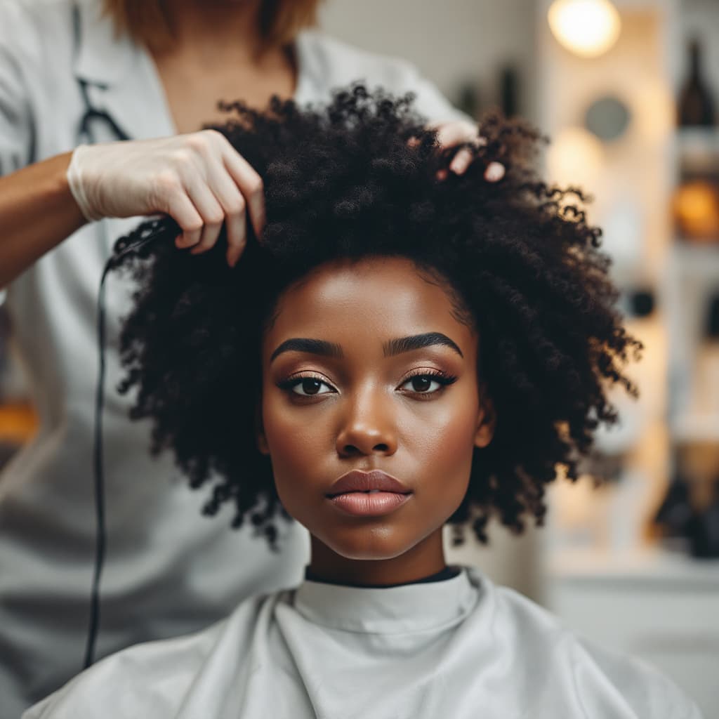 AI generated: ULTRA REALISTIC IMAGE OF A BLACK HAIRDRESSER DYING A BLACK FEMAKE CLIENTS HAIR IN BEAUTY SALON