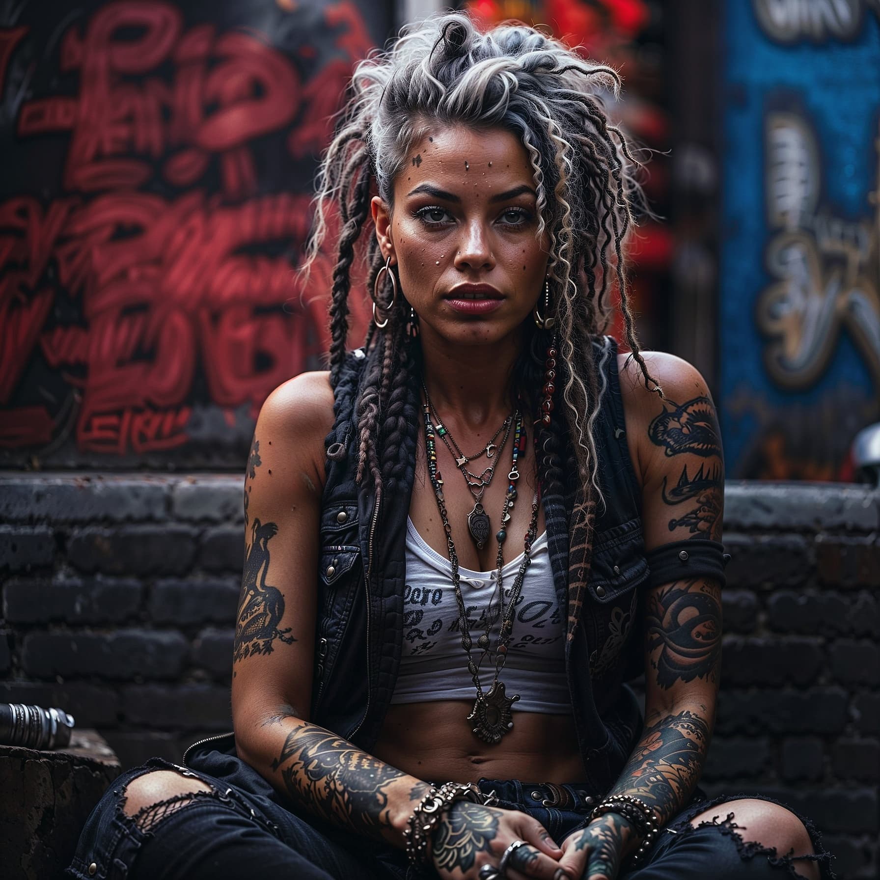 AI generated: Create a hyper-realistic, detailed illustration of a slender punk female sitting reclined against th...