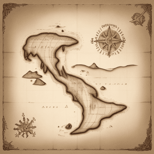 AI generated: Generate an artistic image in sepia that represents a treasure map. It includes several islands with...