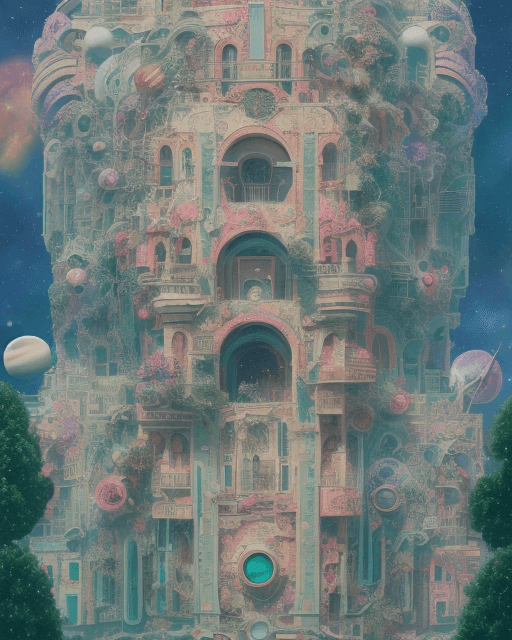 AI generated: a building from the front, pictures of beautiful urban backgrounds where space plants grow in hyperr...