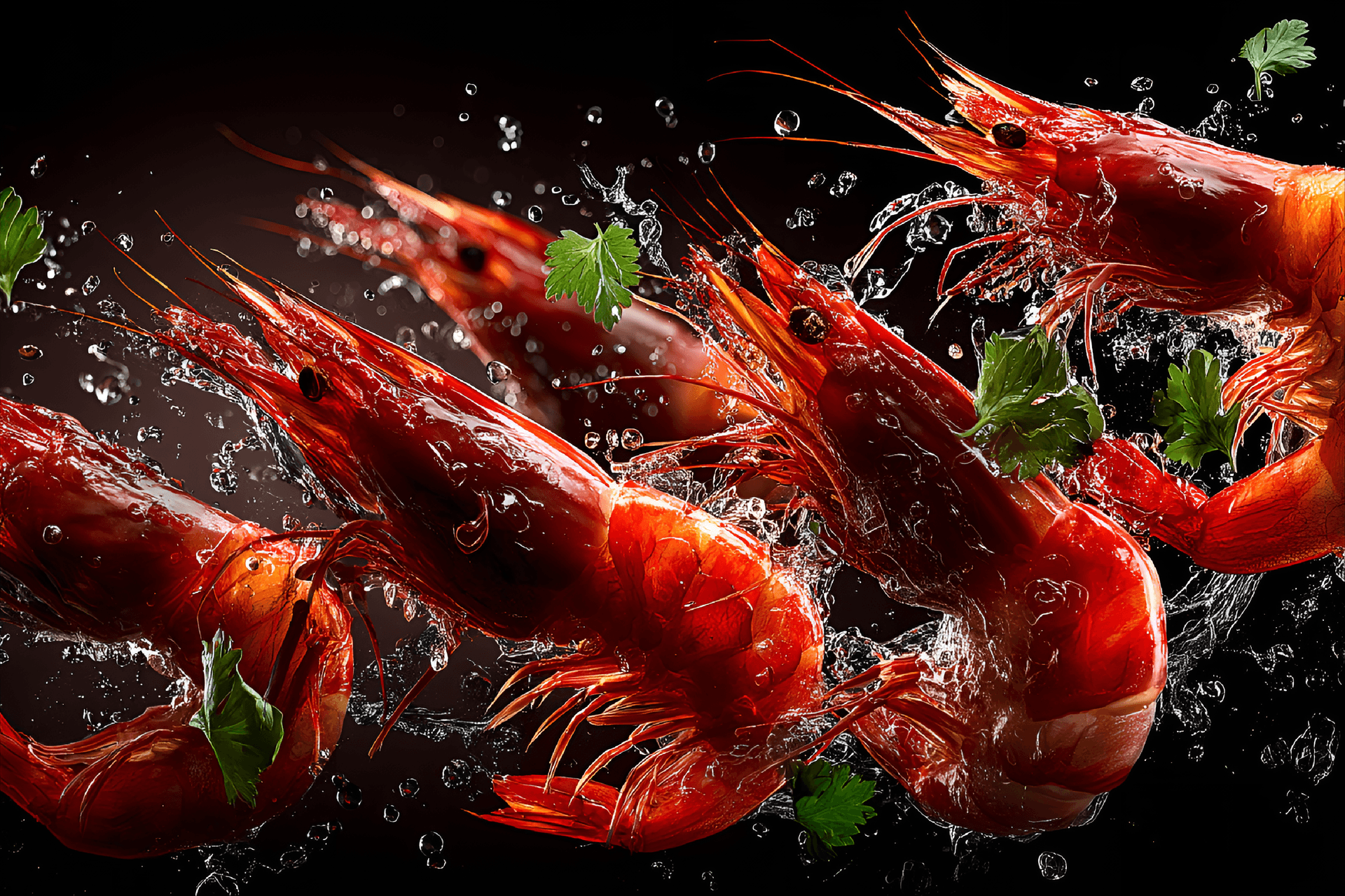 AI generated: vibrant red shrimp captured mid-motion against a dark, contrasting background. The shrimp display a ...