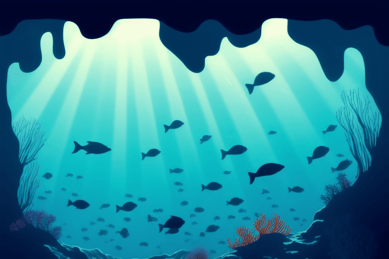 AI generated: Marine Life Landscape, CARTOON STYLE, Ocean underwater world. Ocean nature inhabitants. Silhouette o...
