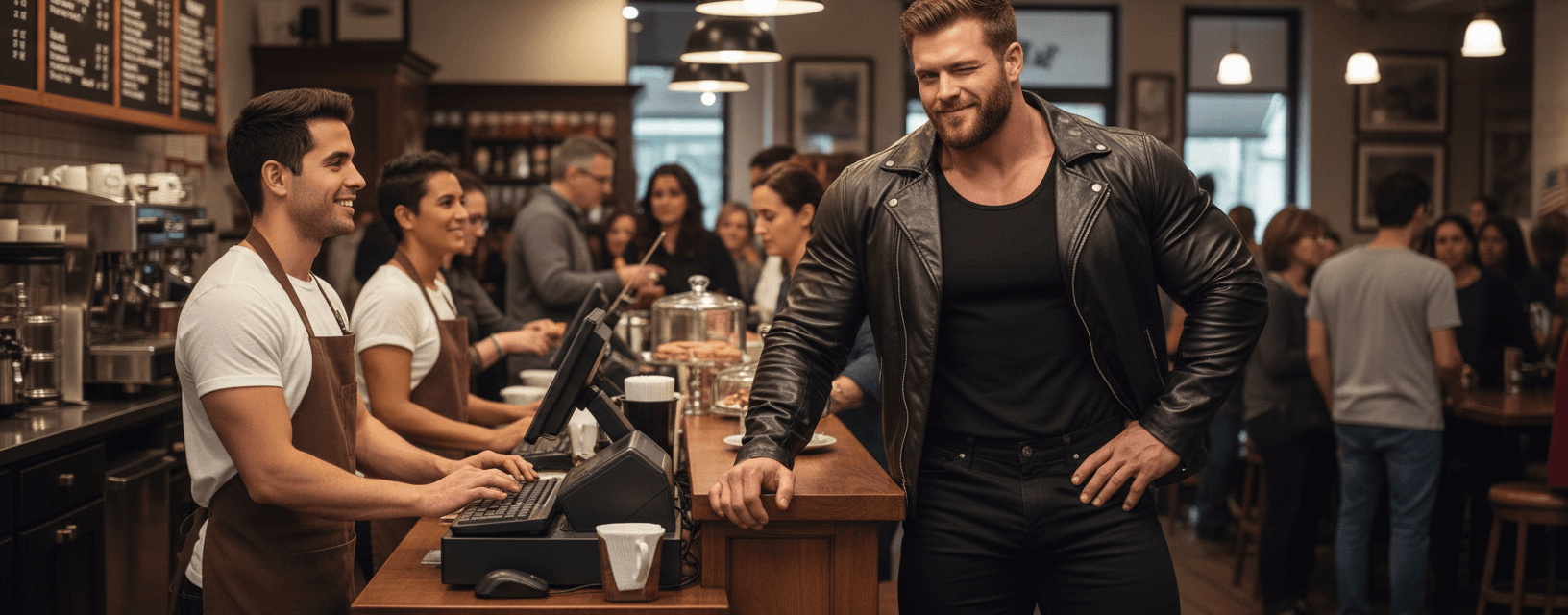 AI generated: Male Hispanic barista 5' 1" tall, at a coffee shop behind the counter typing on the computer-registe...