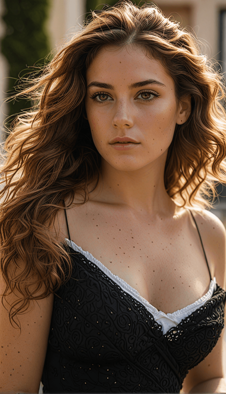 AI generated: The image features a beautiful young woman with long, curly hair, wearing a black dress. She is posi...