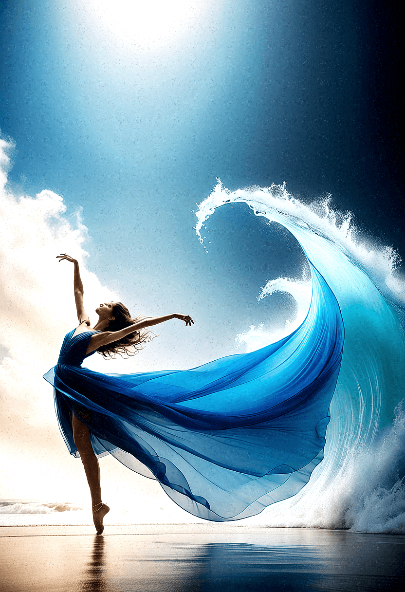 AI generated: The image features a woman in a blue dress, gracefully dancing in front of a large wave. She appears...