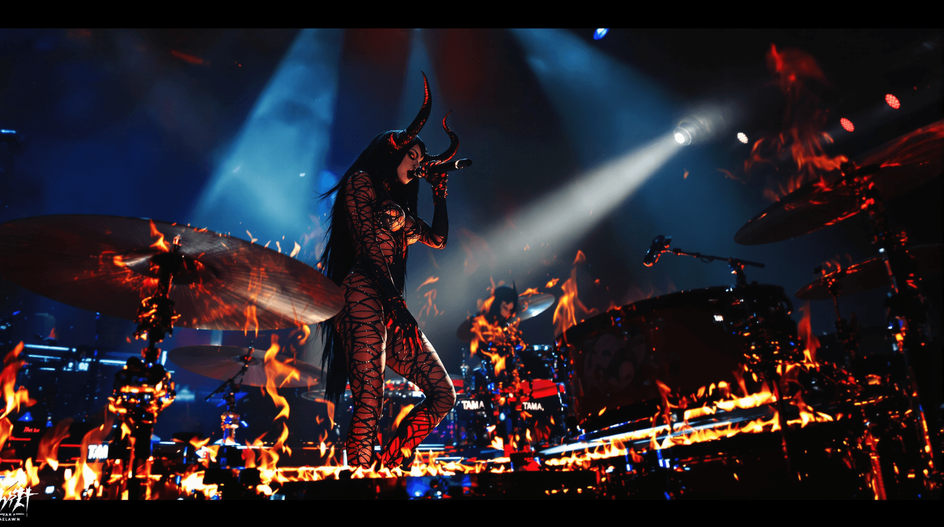 AI generated: Two female demon characters on a dark concert stage:

CHARACTER 1 - LILITH (Frontwoman - Vocal):

Fe...