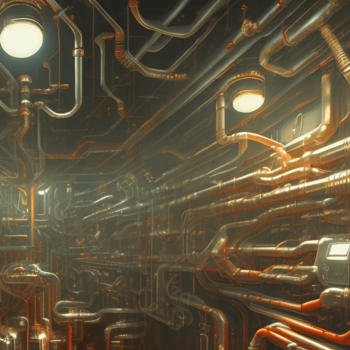 AI generated: masterpiece, concept art, medium shot, centered, a room filled with lots of pipes and valves, cyberp...