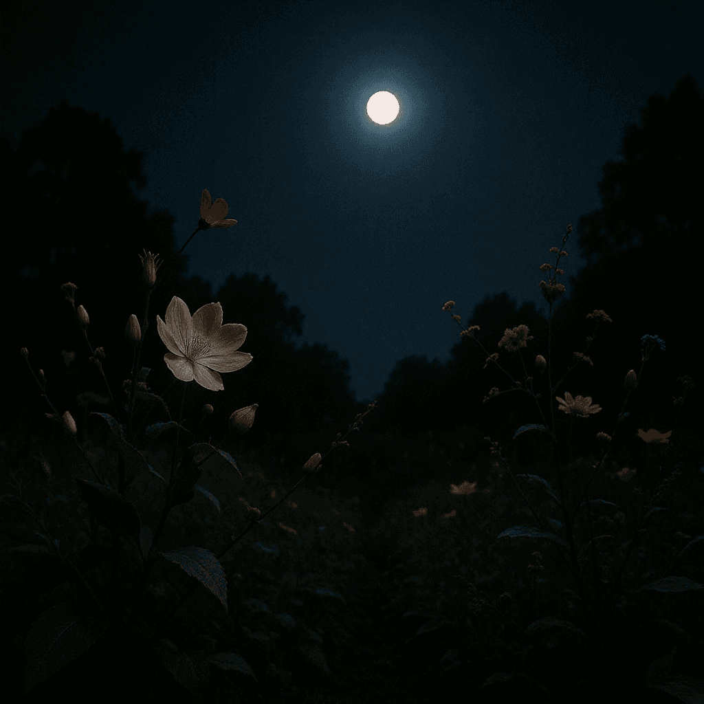 AI generated: A picture of a garden with flowers blooming at night under the moon with the camera pointed low towa...