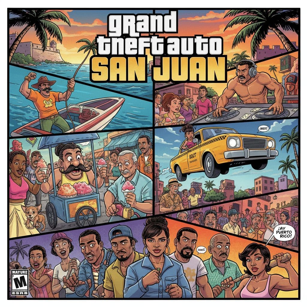 AI generated: Parody video game cover in Grand Theft Auto style, titled Grand Theft Auto: San Juan, featuring comi...