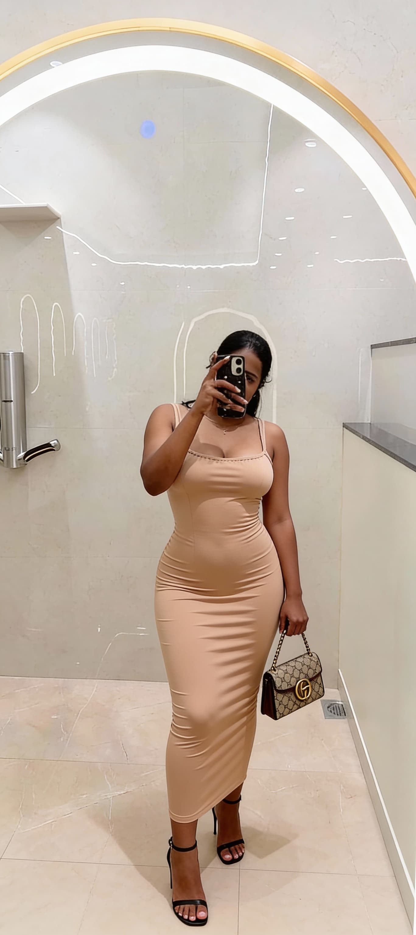 AI generated: She wearing cute party wear body fit one piece dress full length with high heels sandals and clearly...