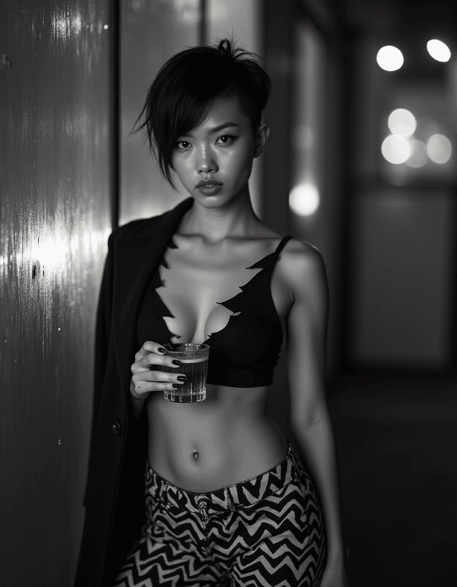 AI generated: monochrome High fashion photo of a 24 year old asian female whimsical artist, Cool-toned fair skin w...
