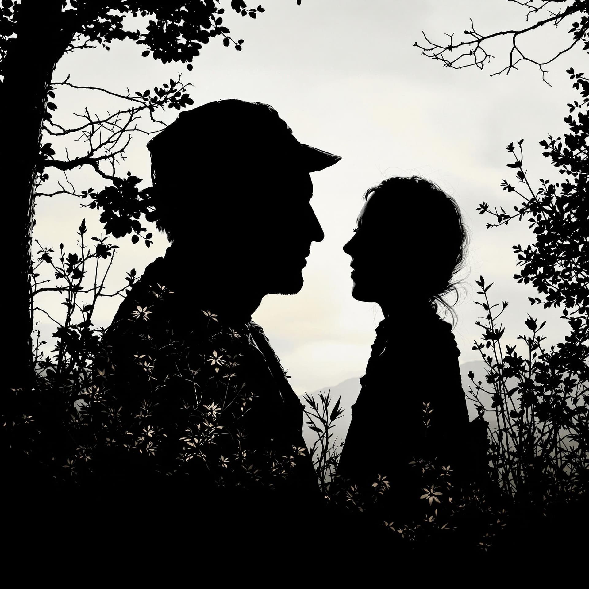 AI generated: silhouette man und frau in der natur leicht bekleidet phantasievoll dschungel unterholz dunstig nebl...
