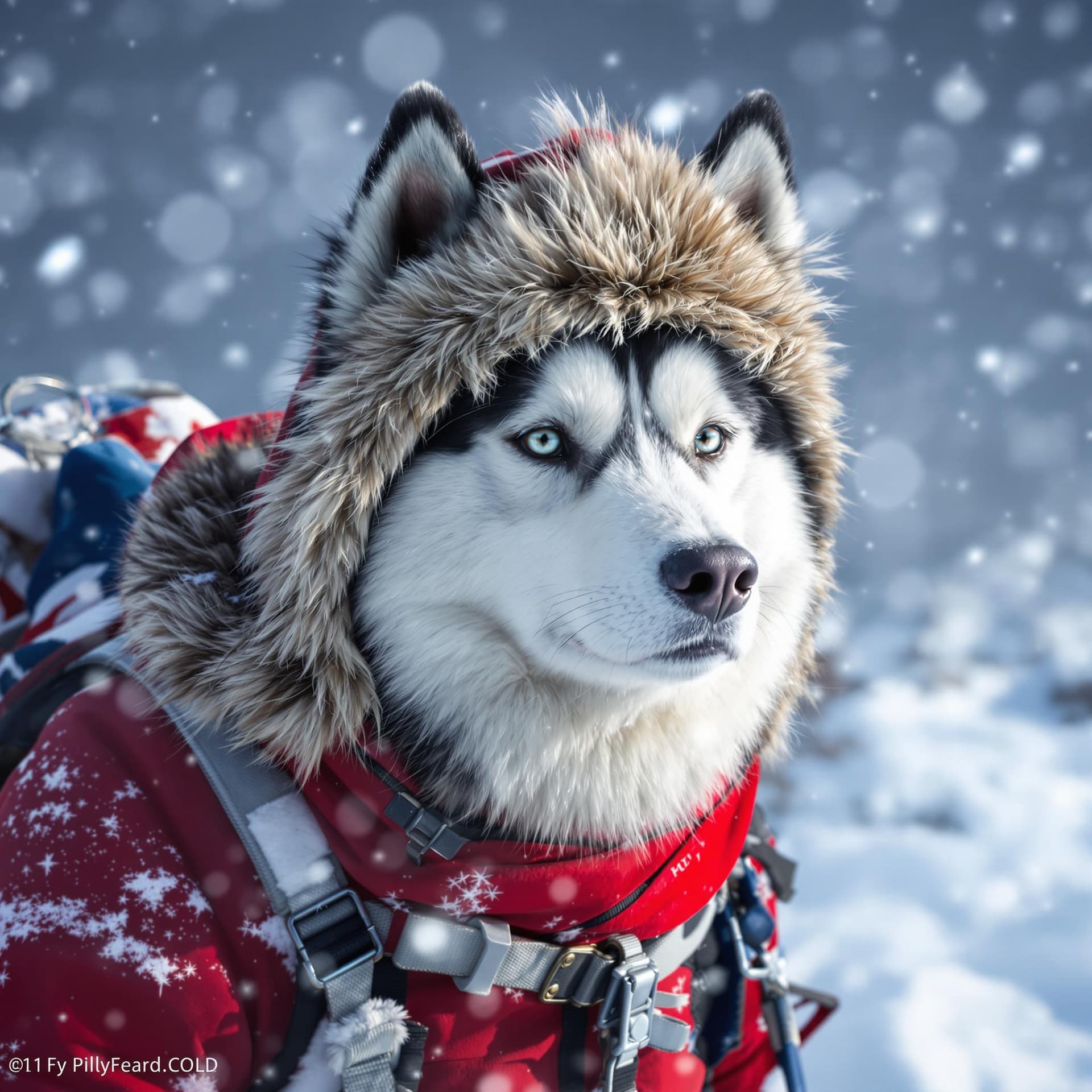 AI generated: A siberian husky dressed as an arctic Explorer, in the north pole during a snow storm. digital art, ...