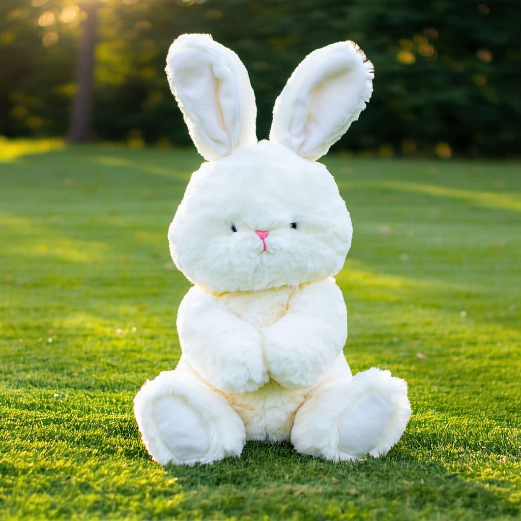 AI generated: a big fluffy white rabbit without any face, eyes, mouth and nose. sitting up right in the grassy fie...