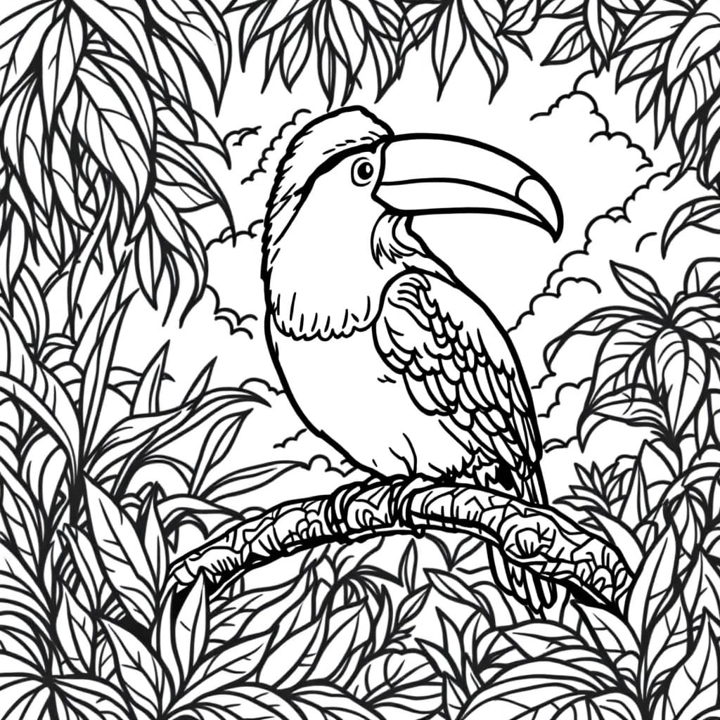 AI generated: Coloring book page,A toucan sitting on a vine in the rainforest, no color