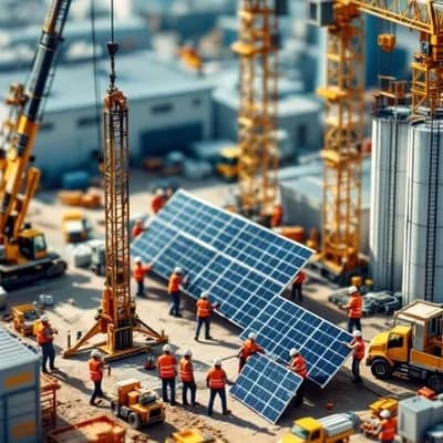 AI generated video: In a highly detailed miniature industrial scene, workers in orange safety vests and white helmets ar...