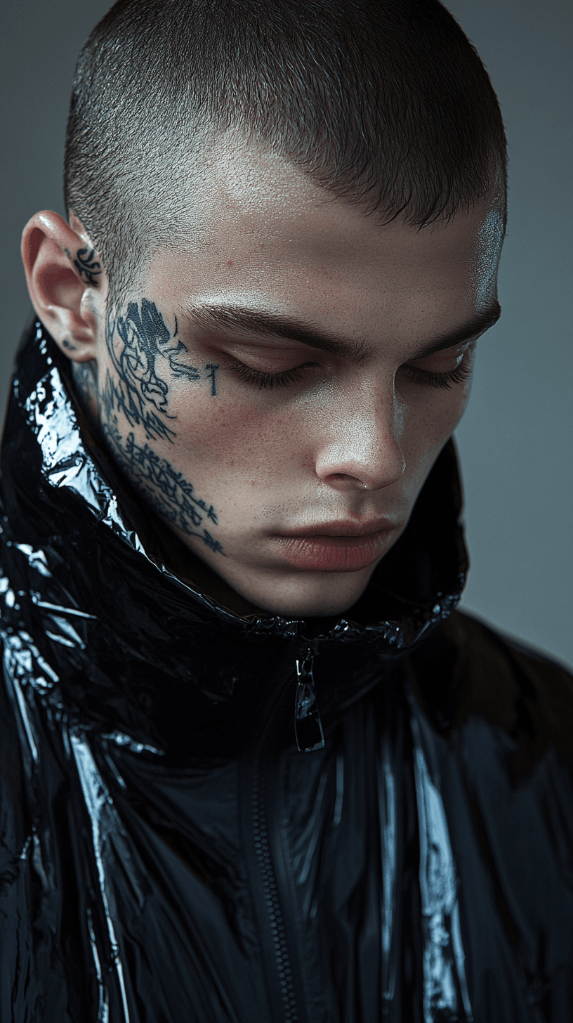 AI generated: Symetrical ultra Closeup of a dope faced tattoed model, dark mirror glazed Nike sport outfit, Minima...