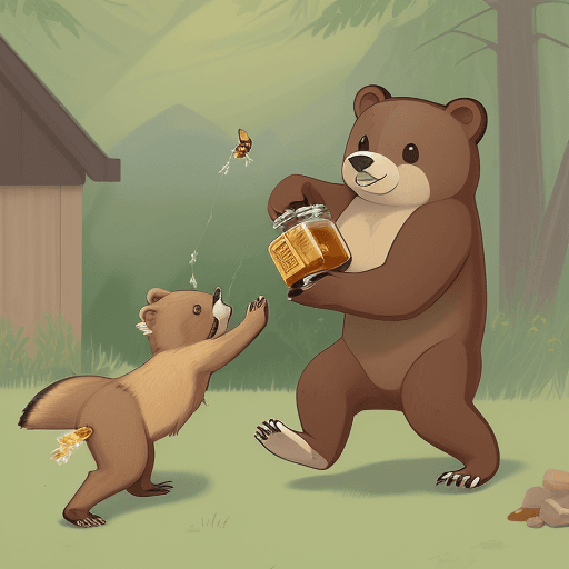 AI generated: illustration of little sparrow catching honey eating bear