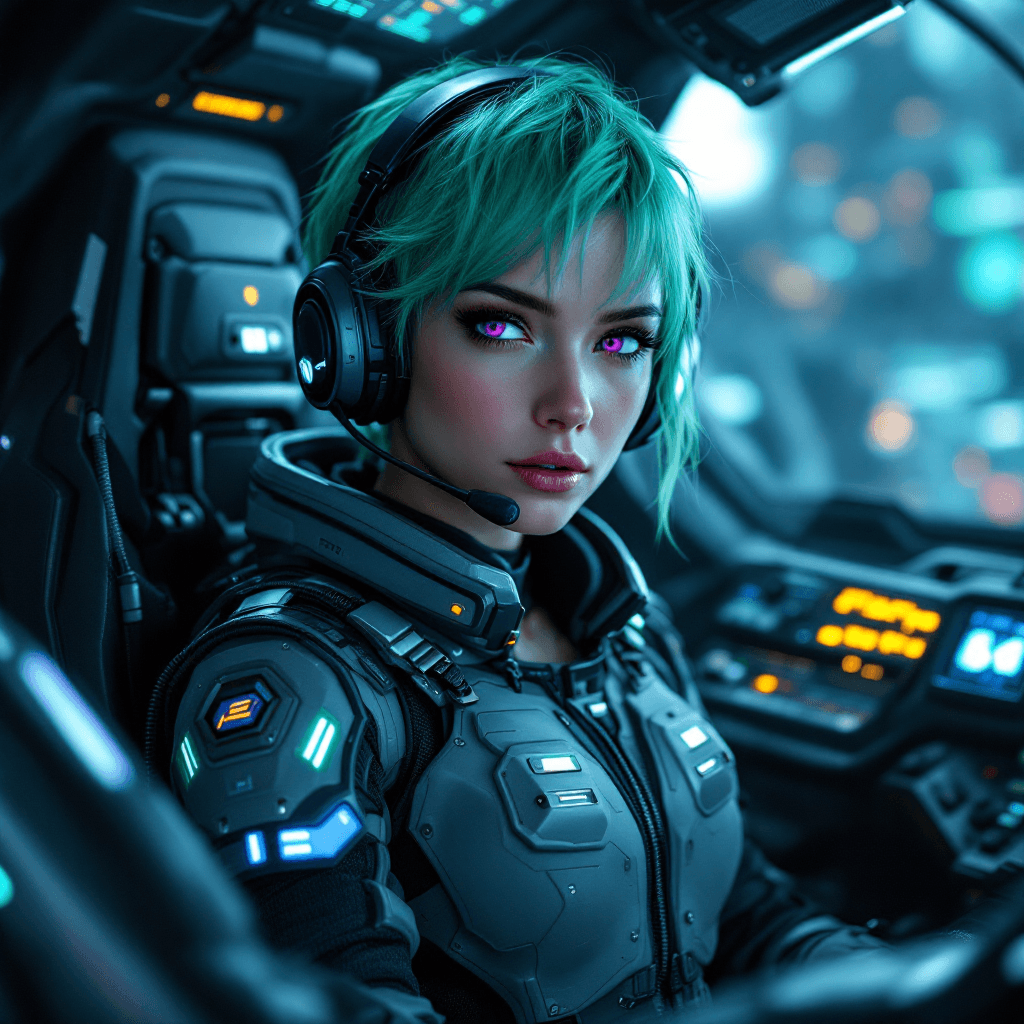 AI generated:     A skilled pilot with short, vibrant green hair, styled in a practical, aerodynamic cut. Her eyes...