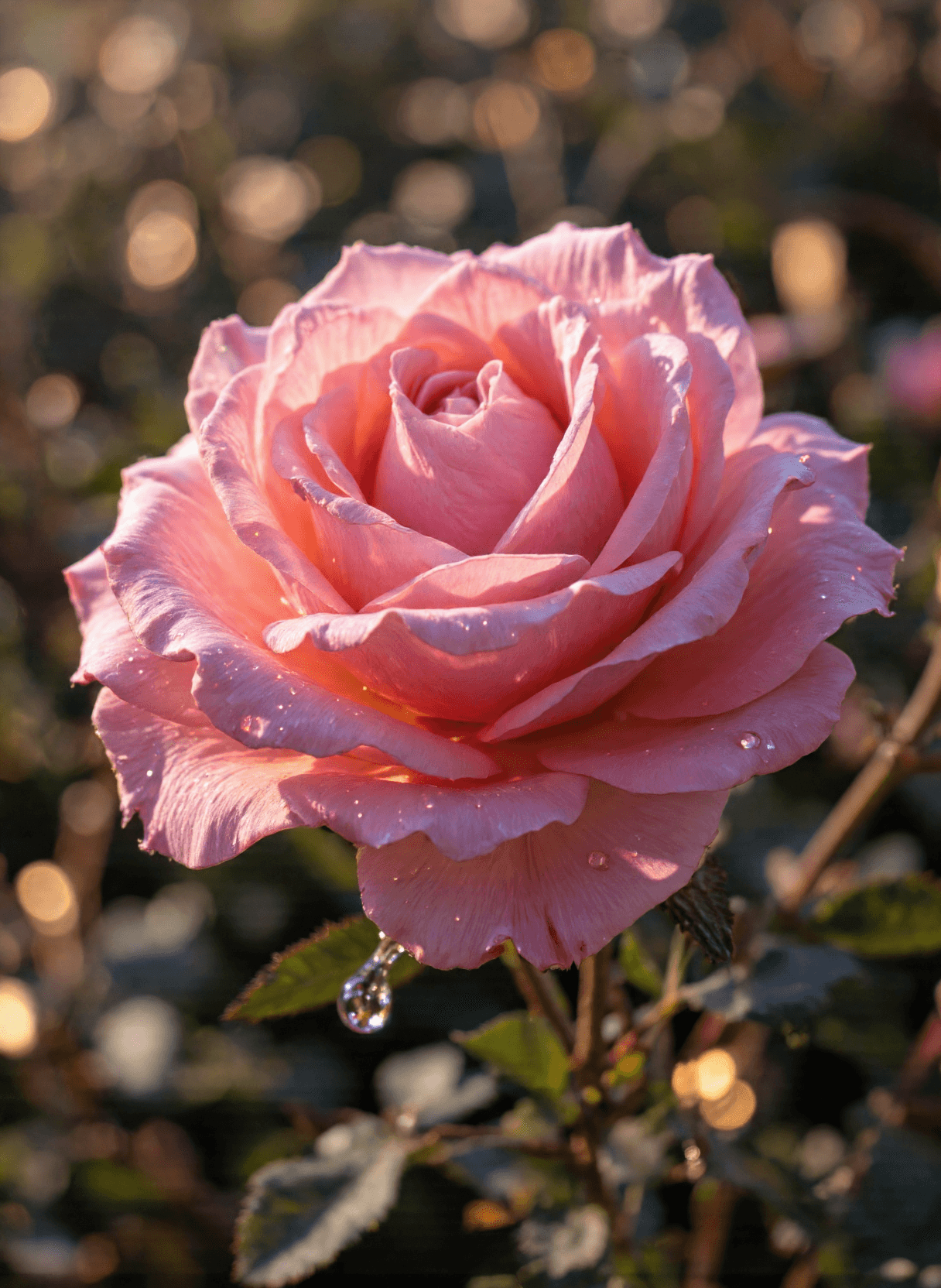 AI generated: The image depicts a stunning close-up of a crystalized rose with water droplets adorning its petals....