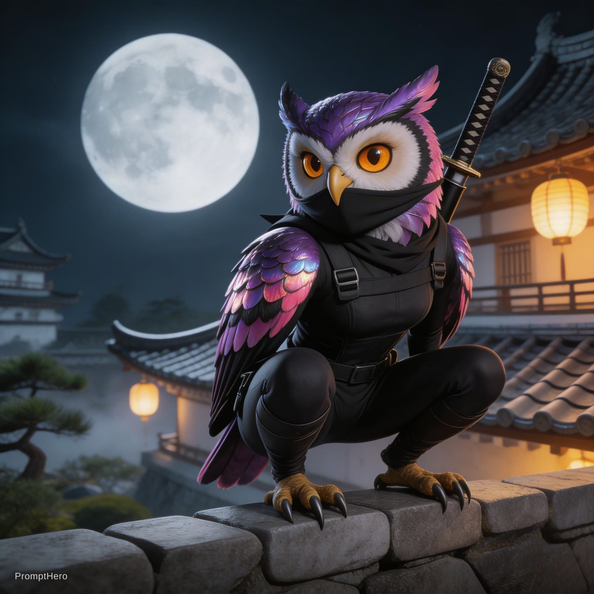 AI generated: a close up digital fantasy artwork featuring female ninja owl character squatting high on a japanese...