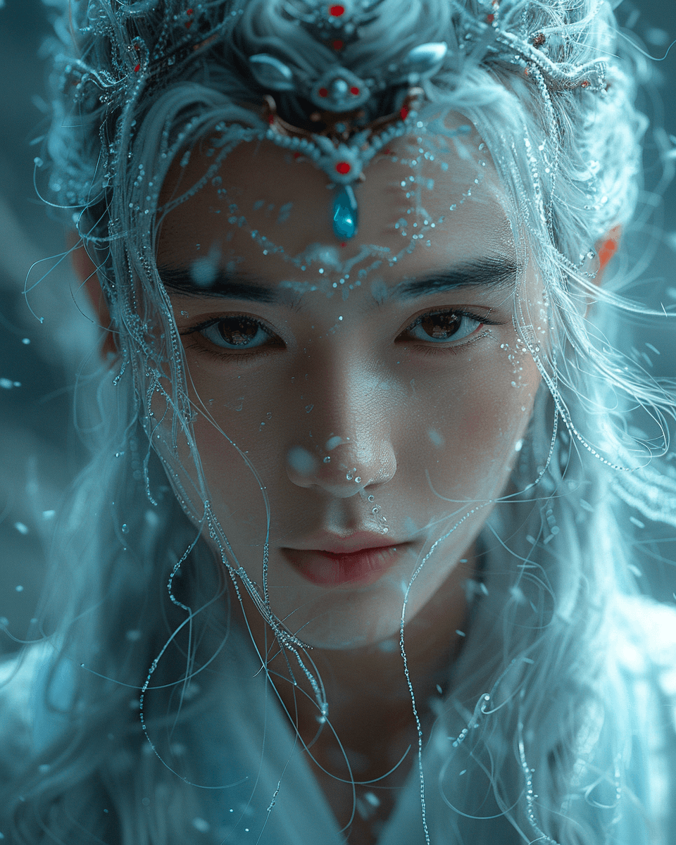 AI generated: a Chinese boy with white hair living in a cave, a celestial being, wears white Hanfu, has a headband...
