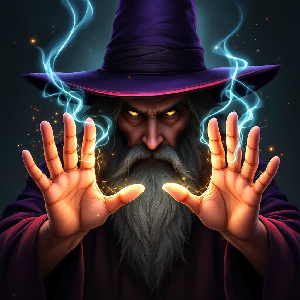 AI generated: A highly detailed and colorful illustration of a mysterious wizard with a tall, pointed hat, facing ...