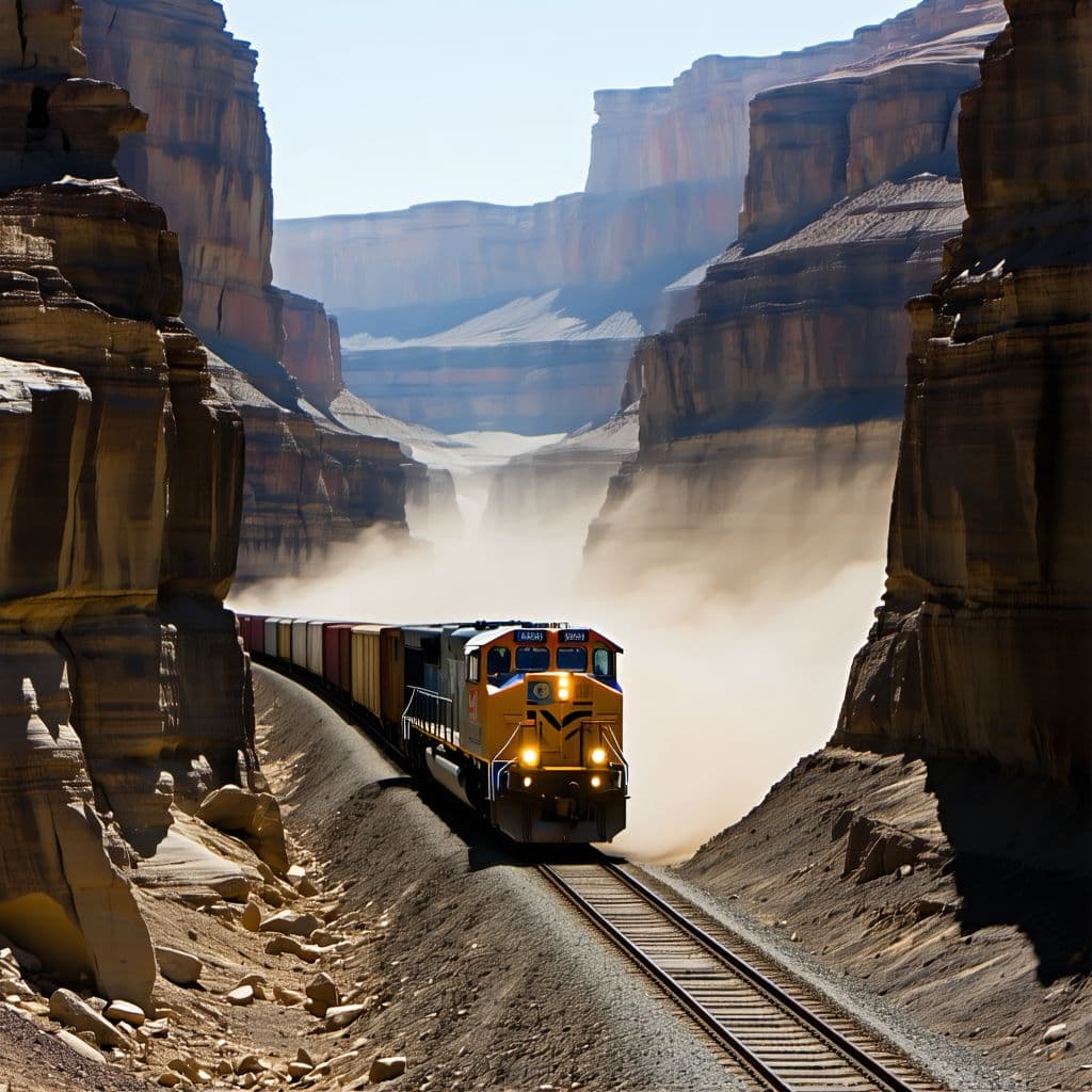 AI generated: generate an image of a freight train passing through a dusty gorge