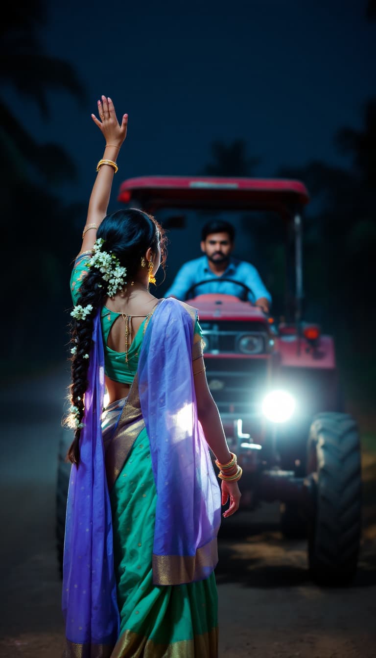 AI generated: A dramatic rural night-time scene on a village road. A young South Indian woman stands in front of a...