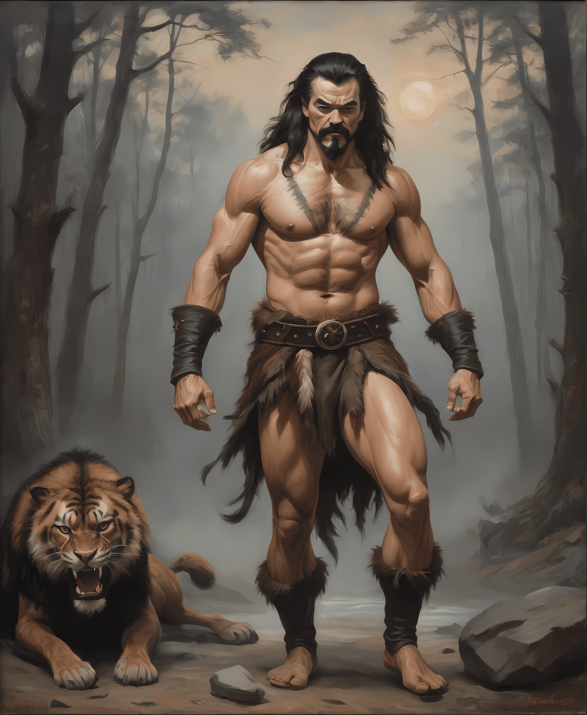 AI generated: Kraven The Hunter, Oil painting technique, Fine Art, likely mimicking the style of the 17th to 19th ...