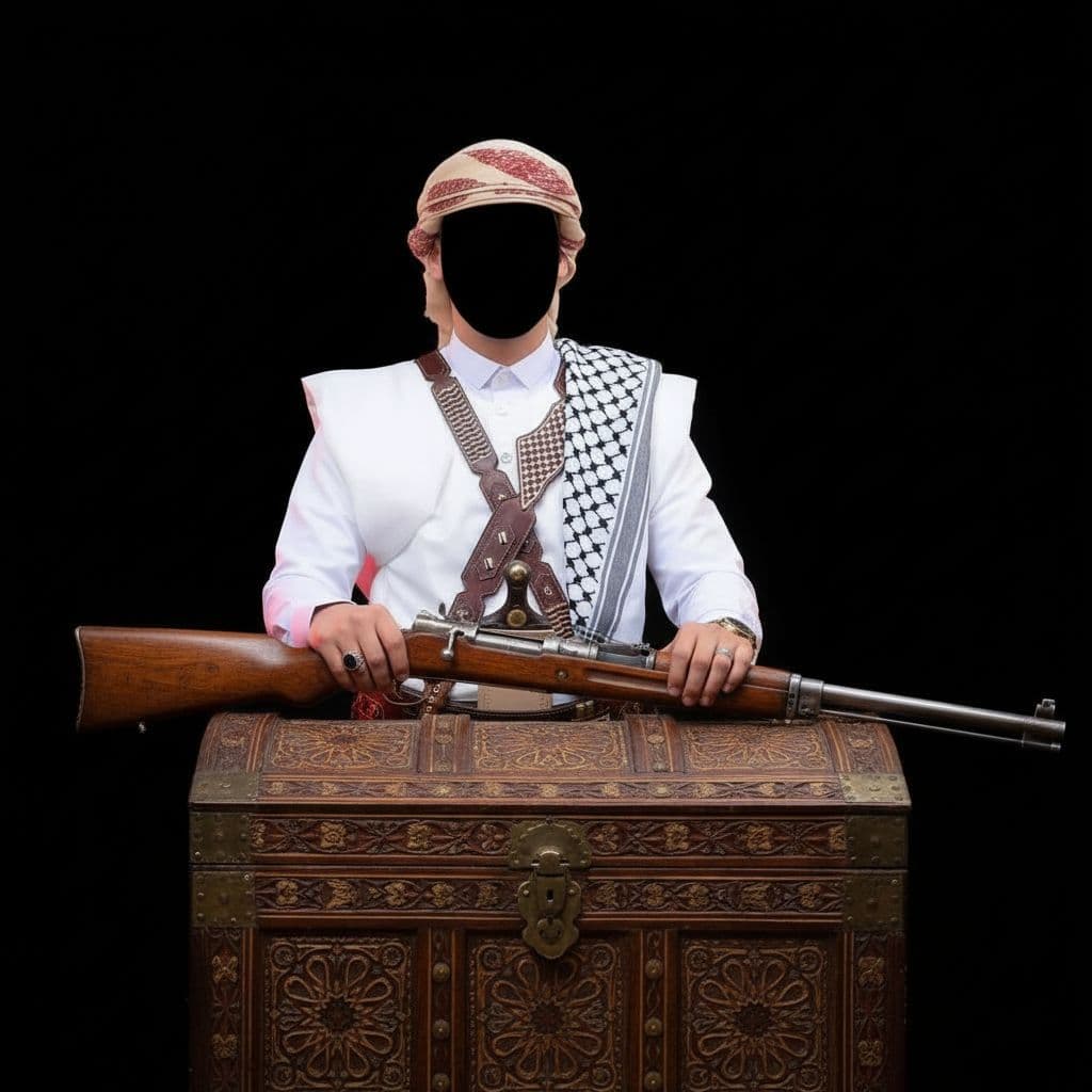 AI generated: A man of Middle Eastern descent, of indeterminate age, is seated in a chair. His face is obscured by...
