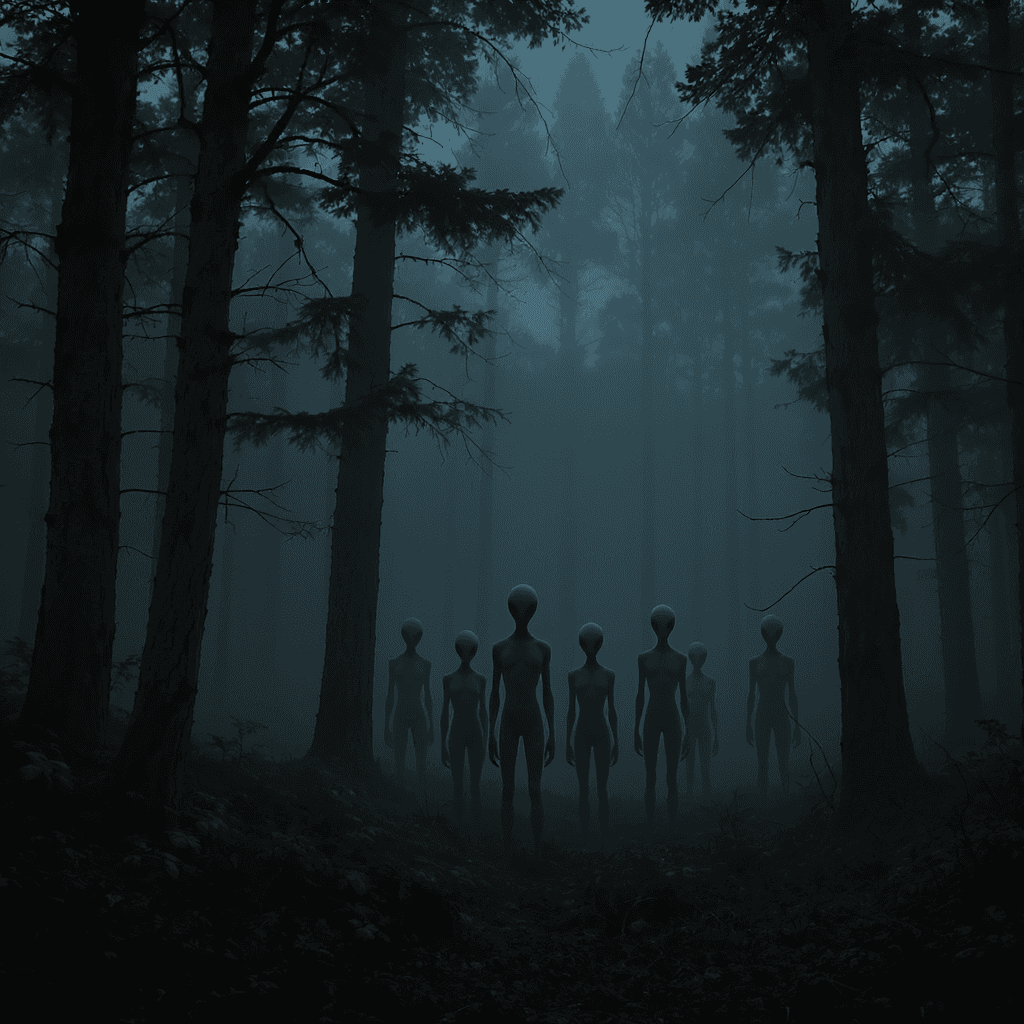 AI generated: A cinematic, depicting a group of grey aliens standing silently in a misty forest clearing at twilig...