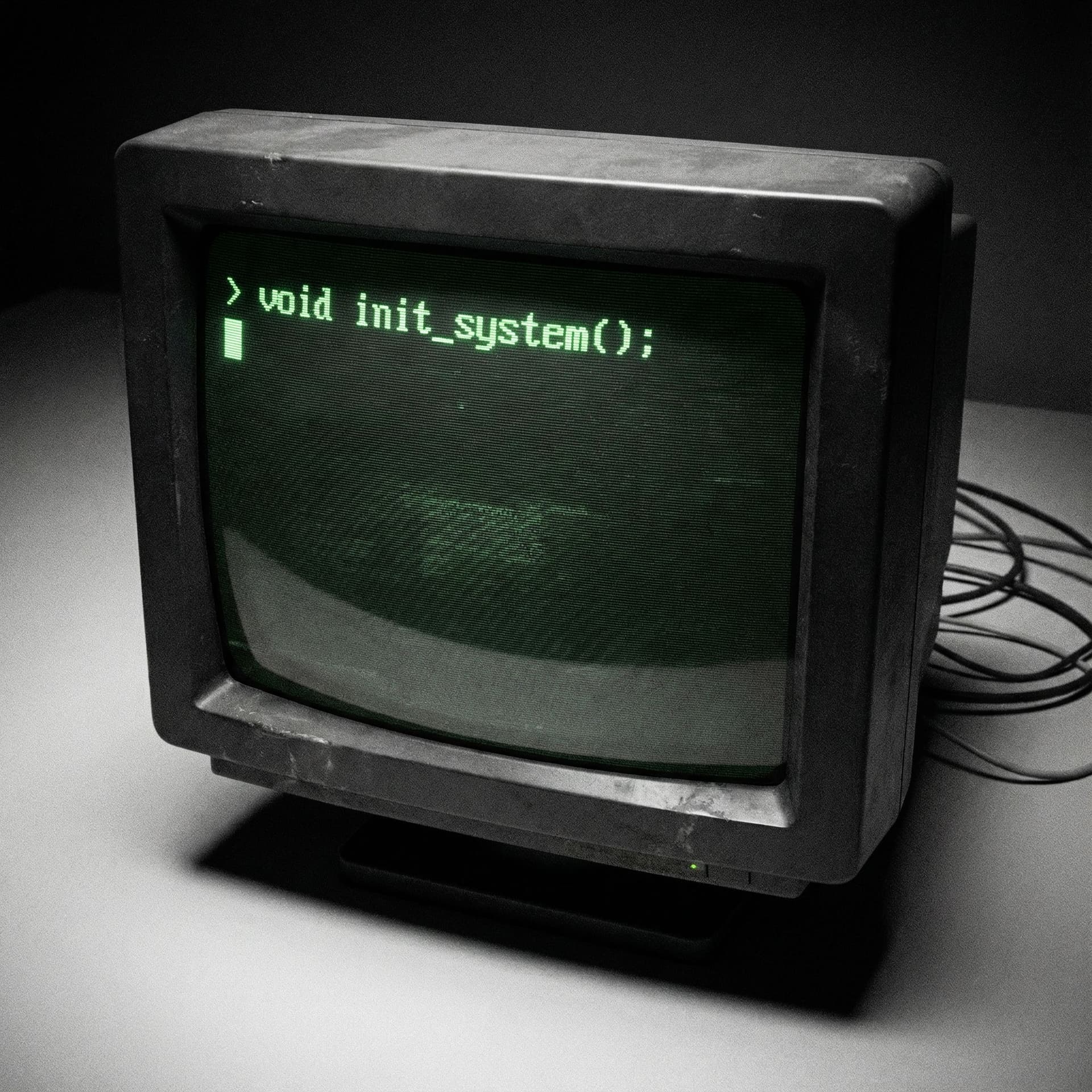 AI generated: Minimalist dark logo, old CRT monitor screen displaying glowing green monospaced code text "> void i...